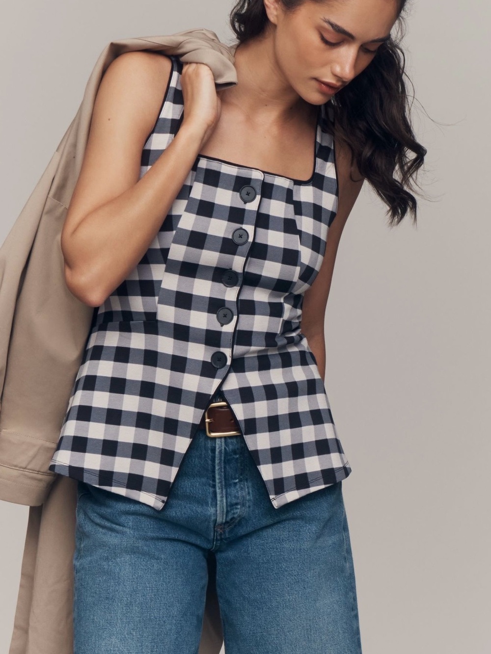 Anthropologie Maeve Gingham Square-Neck Button-Front Tank